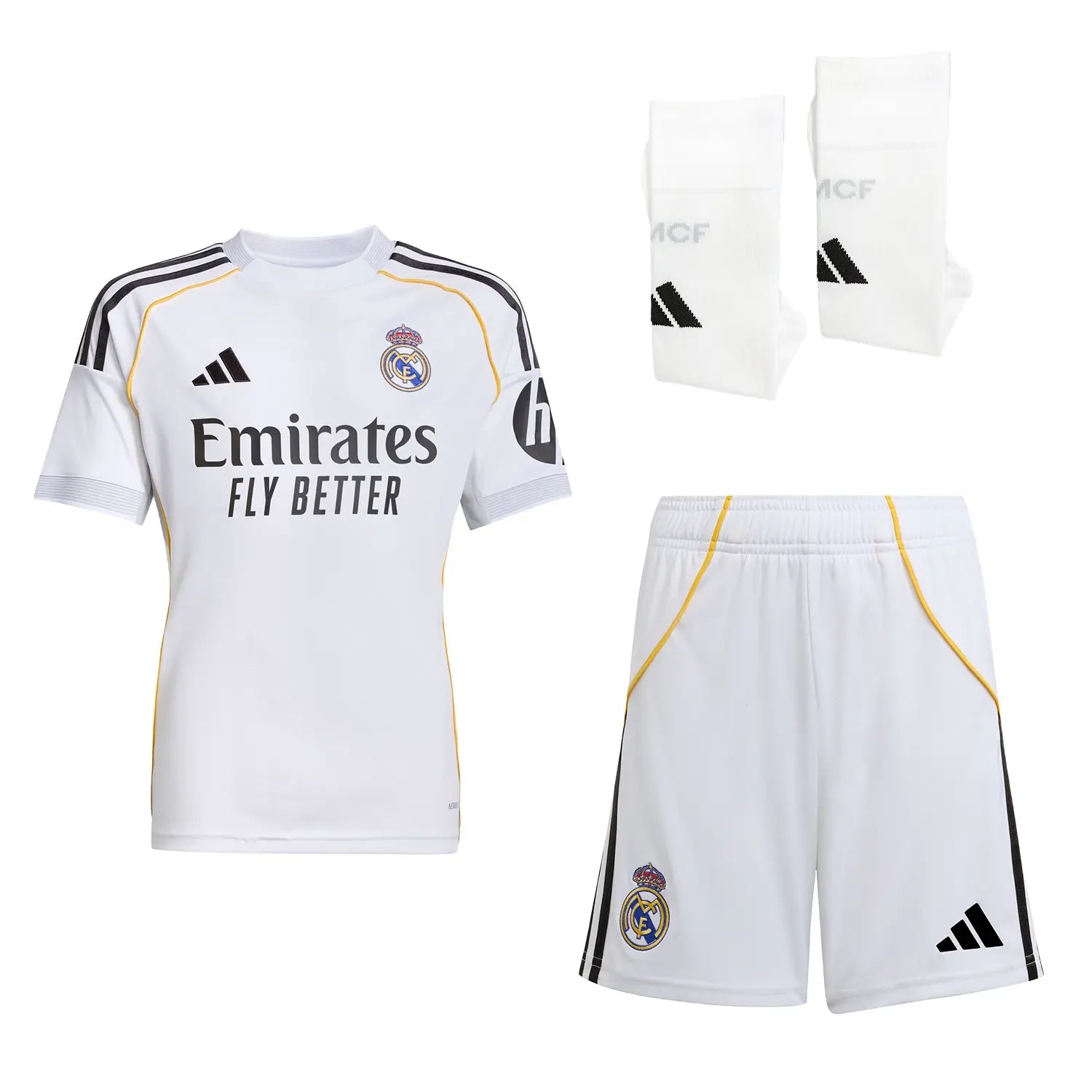 Dziecięcy zestaw piłkarski Real Madrid Home Soccer Jersey (koszulka + spodenki + skarpetki) 2025/26 Pro Koszulki Pilkar Skie