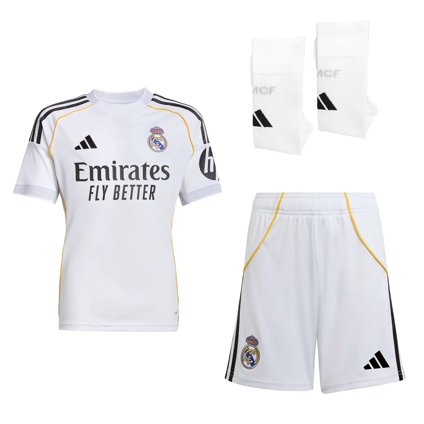 Dziecięcy zestaw piłkarski Real Madrid Home Soccer Jersey (koszulka + spodenki + skarpetki) 2025/26 Pro Koszulki Pilkar Skie