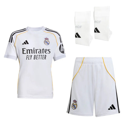 Dziecięcy zestaw piłkarski Real Madrid Home Soccer Jersey (koszulka + spodenki + skarpetki) 2025/26 Pro Koszulki Pilkar Skie