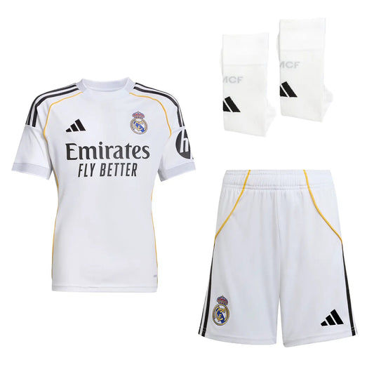Dziecięcy zestaw piłkarski Real Madrid Home Soccer Jersey (koszulka + spodenki + skarpetki) 2025/26 Pro Koszulki Pilkar Skie