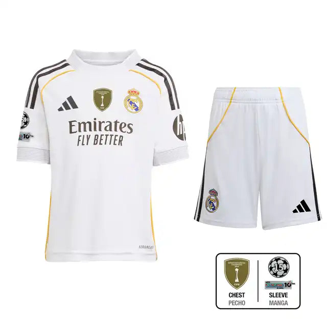 Dziecięcy zestaw piłkarski Real Madrid Home Soccer Jersey (koszulka + spodenki + skarpetki) 2025/26 Pro Koszulki Pilkar Skie