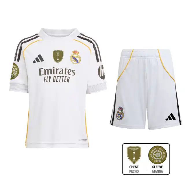 Dziecięcy zestaw piłkarski Real Madrid Home Soccer Jersey (koszulka + spodenki + skarpetki) 2025/26 Pro Koszulki Pilkar Skie