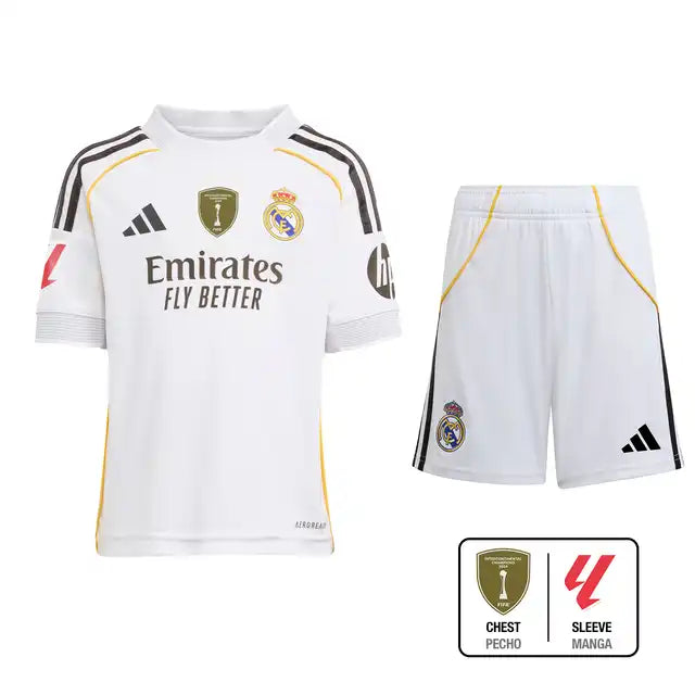 Dziecięcy zestaw piłkarski Real Madrid Home Soccer Jersey (koszulka + spodenki + skarpetki) 2025/26 Pro Koszulki Pilkar Skie